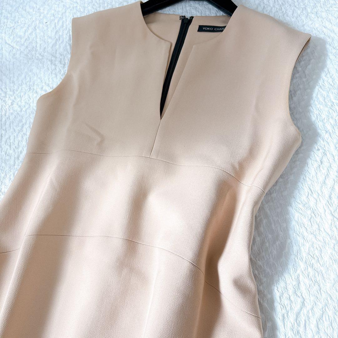 YOKOCHAN コクーンワンピース　ピンクベージュ　スリットネック　膝丈　L