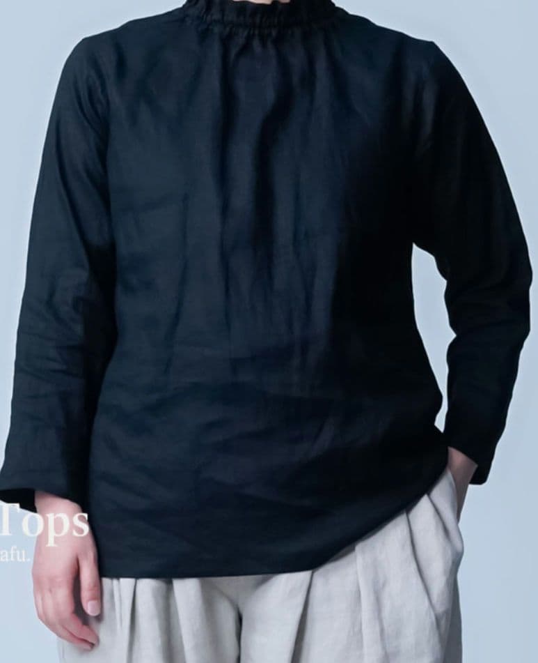 wafu リネン タートルネック フリルネックシャツ 黒