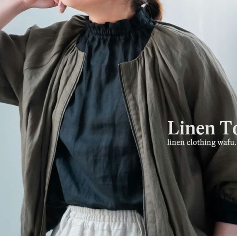 wafu リネン タートルネック フリルネックシャツ 黒