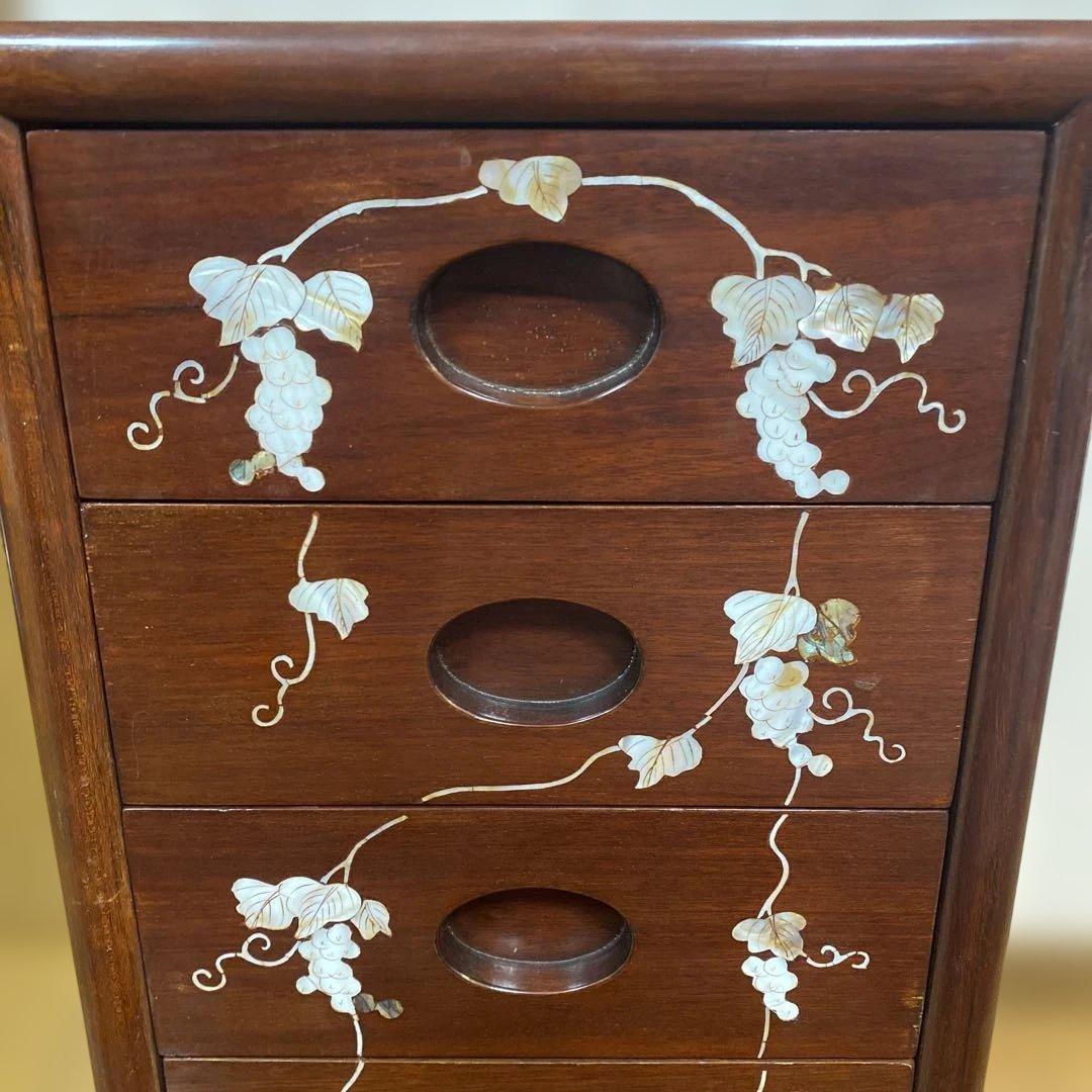 中国　唐木　チェスト　螺鈿細工　象嵌　5段　1点　引き出し　花梨　螺鈿