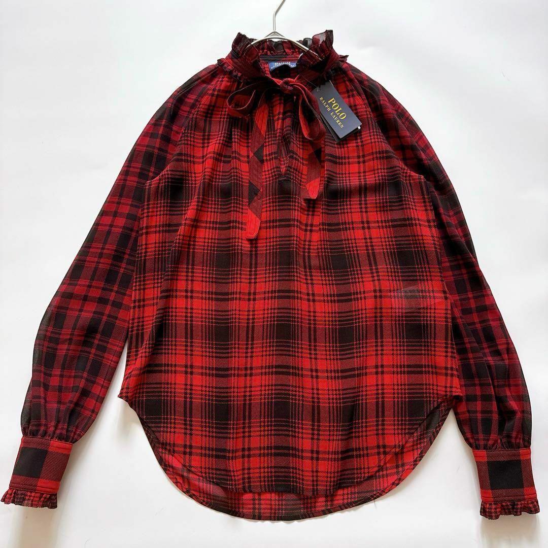 新品✨ポロラルフローレン チェックシアー タイネックブラウス XS レッド
