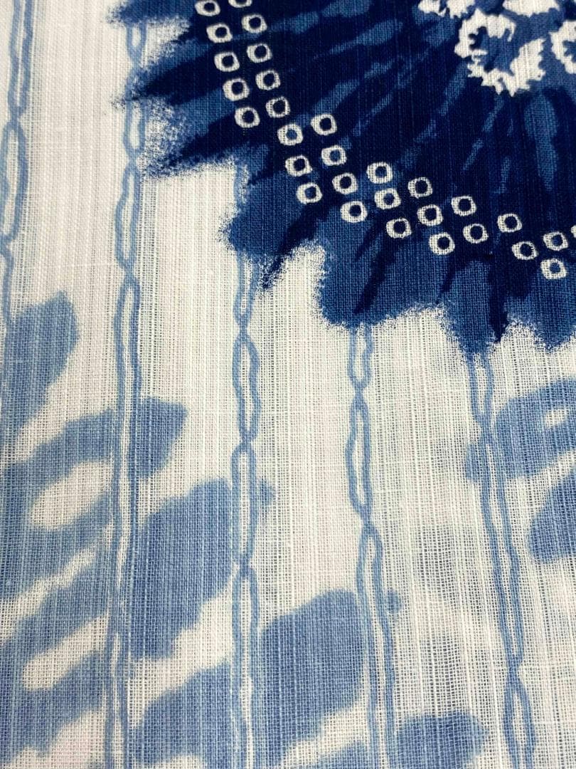 半額以下★最終価格★美術サロン高級浴衣 近江ちぢみ藍捺染 白紺　知多木綿　麻混