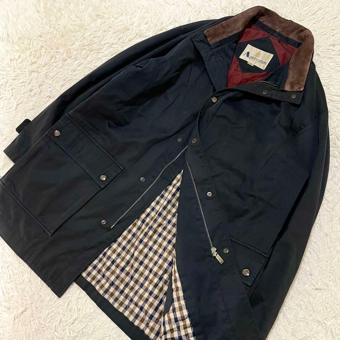 2XL相当 アクアスキュータム ハーフコート カシミヤ混 カバーオール ネイビー