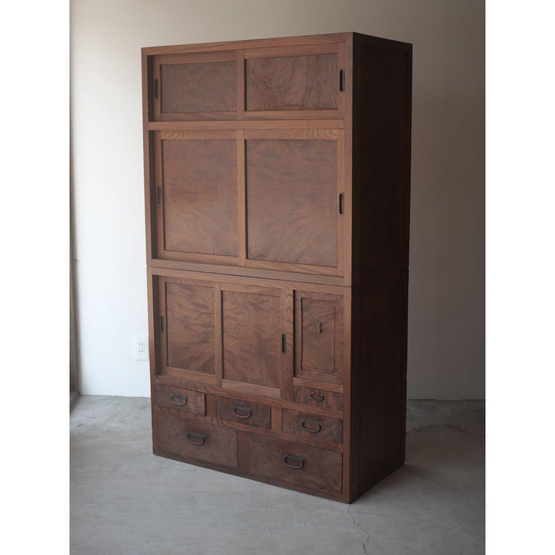 茶箪笥　箪笥　食器棚　ケヤキ　玉杢　古家具　古道具　アンティーク　昭和レトロ