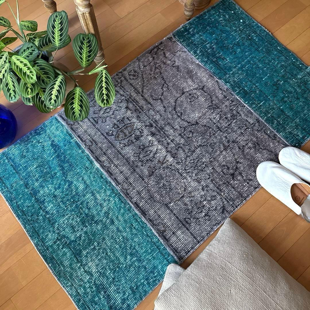 67.5×119パッチワーク　ブルーグリーン×グレイ　トルコヴィンテージラグ