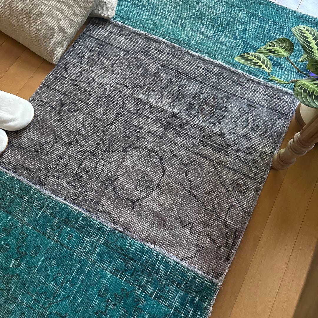 67.5×119パッチワーク　ブルーグリーン×グレイ　トルコヴィンテージラグ