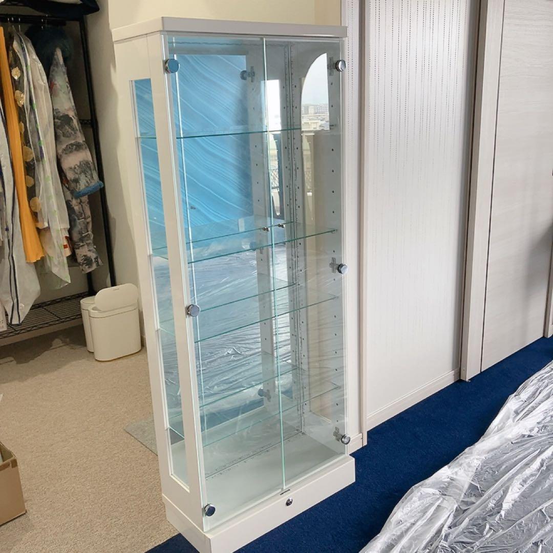 LEDライト付きガラスショーケース 背面鏡 コレクションボード ホワイト W60