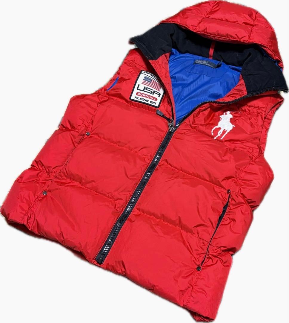 【美品】ラルフローレン ビッグポニーダウンベスト USAパッチ付 フード着脱可