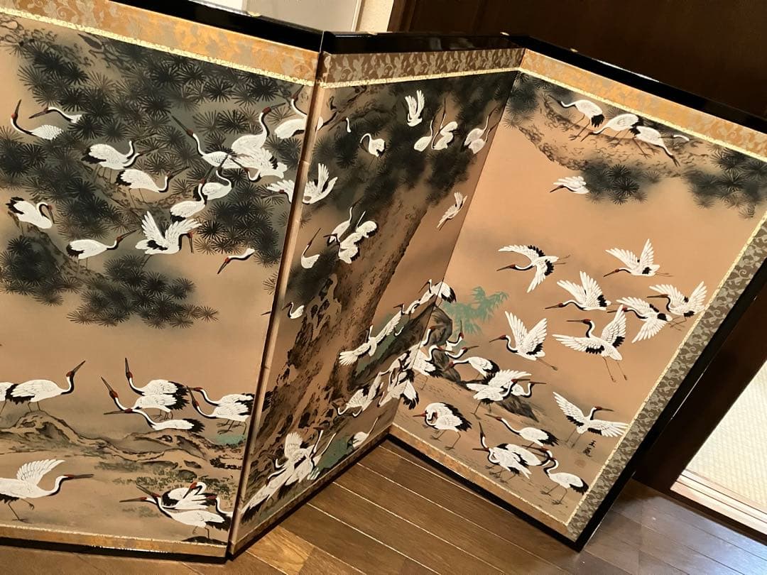 鶴の絵の木製屏風 3つ折り