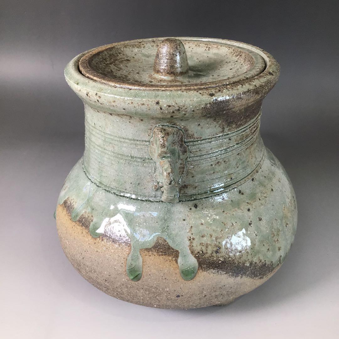 Ｒ８８７　水指　『温品焼』『本多康彦造』『耳付』『窯変水指』　共箱　茶道具