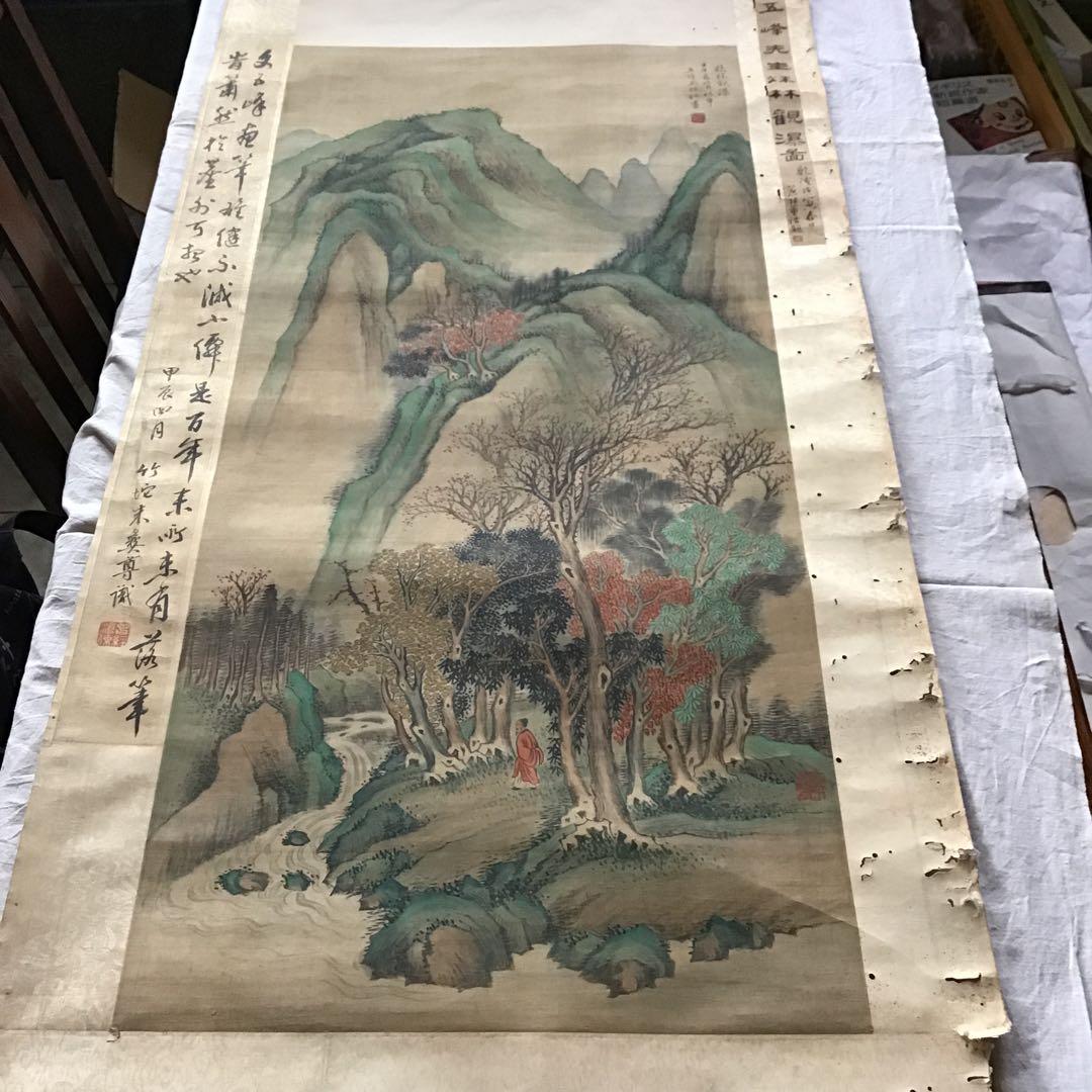 中国美術　骨董　掛軸「文伯仁」画　観瀑図　設色絹本