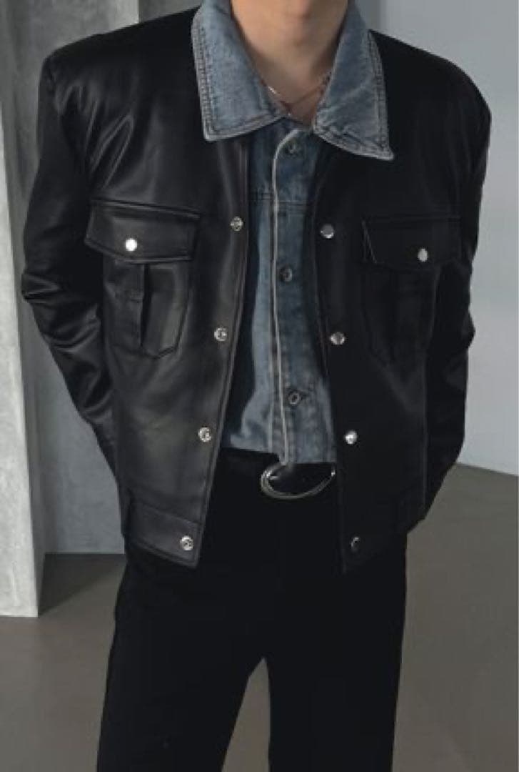 ブラック ノーカラーレザージャケット 韓国ファッション MUSINSA