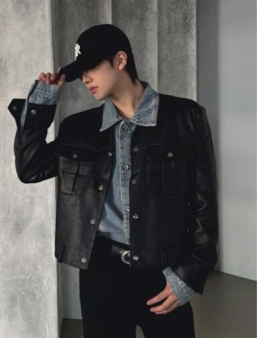 ブラック ノーカラーレザージャケット 韓国ファッション MUSINSA