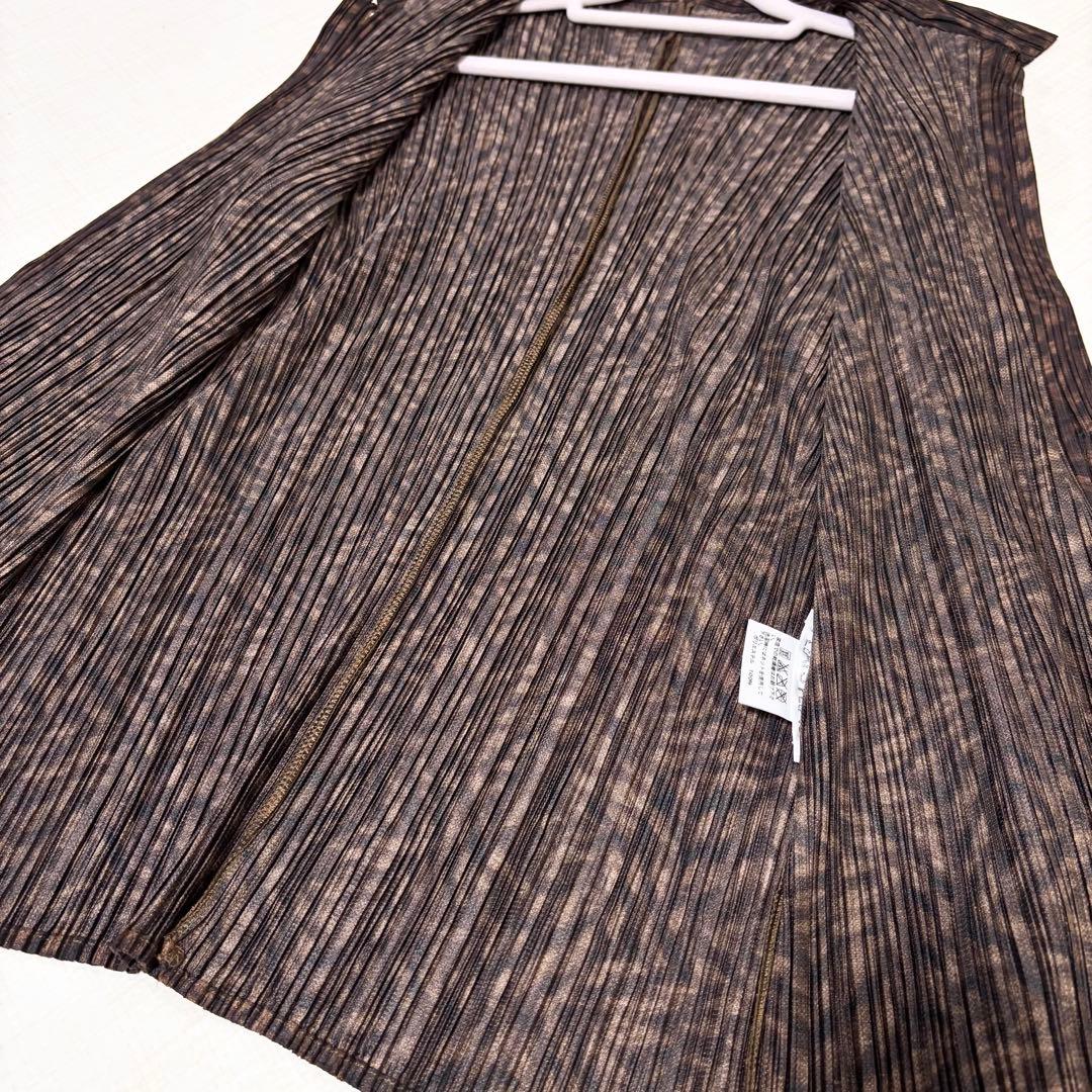 美品　プリーツプリーズ　ジャケット　総柄　ブラウン　ボタン　サイズ4