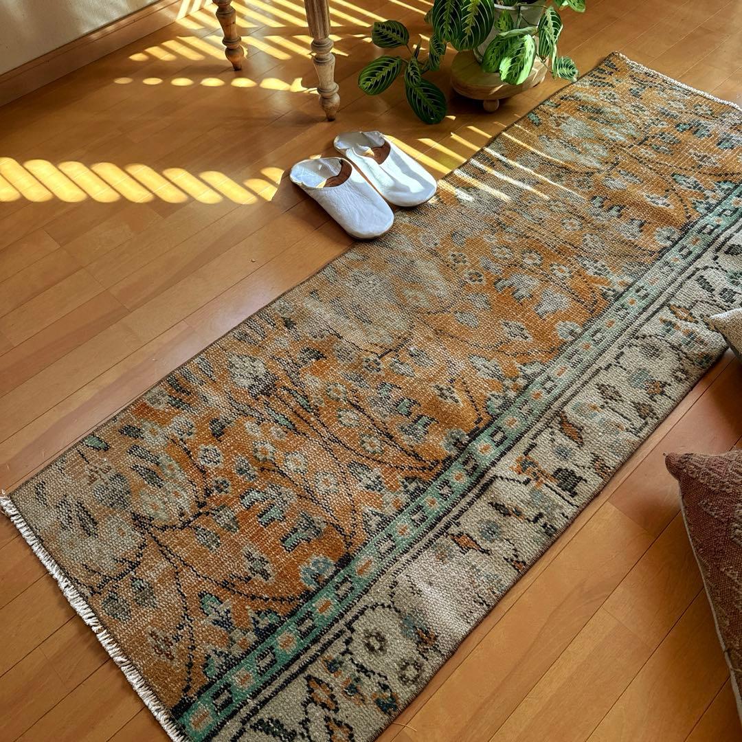 59×147オレンジボタニカル　擦れ　ランナー　トルコヴィンテージラグ