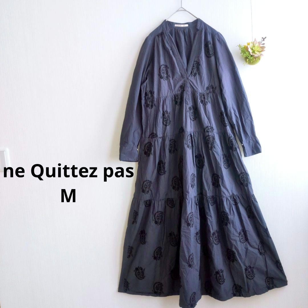 ヌキテパ 刺繍 ポプリンペイズリー ティアード ワンピース ネイビー