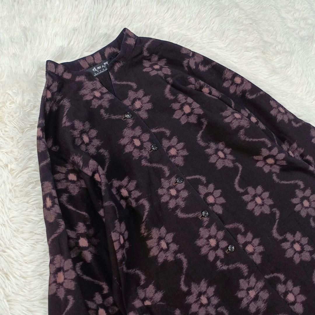 美品✨ギエモン　花柄　ロング丈　バンドカラー 久留米絣ワンピース　七分袖