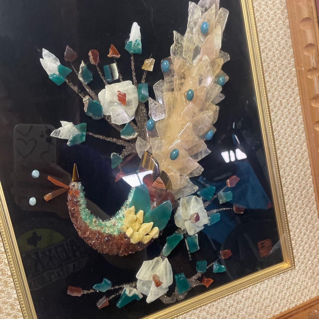 天然石 絵画 貴石 絵画アンテーク 美術工芸 孔雀 クジャク レトロ