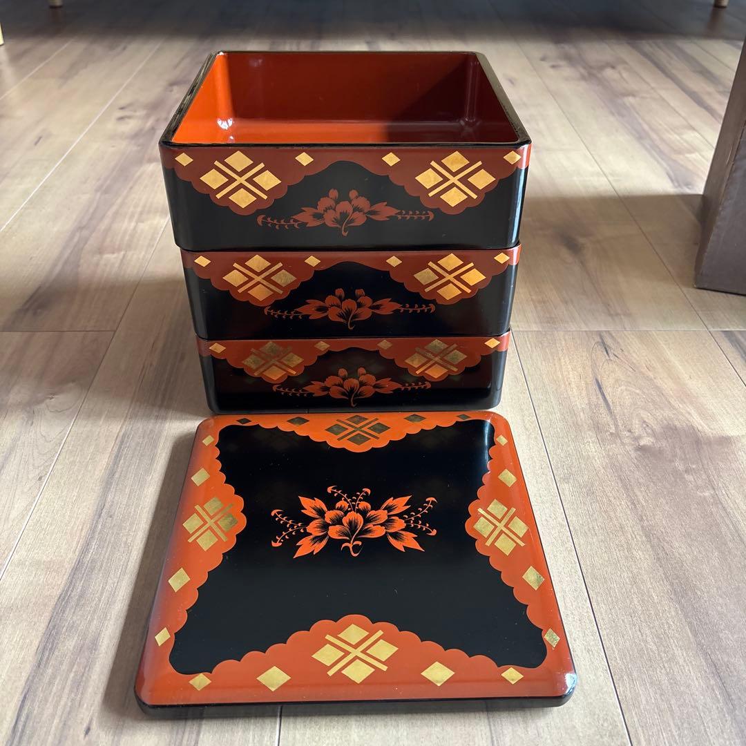 岩手県 丸三漆器 秀衡塗 三重箱 6.5寸 牡丹