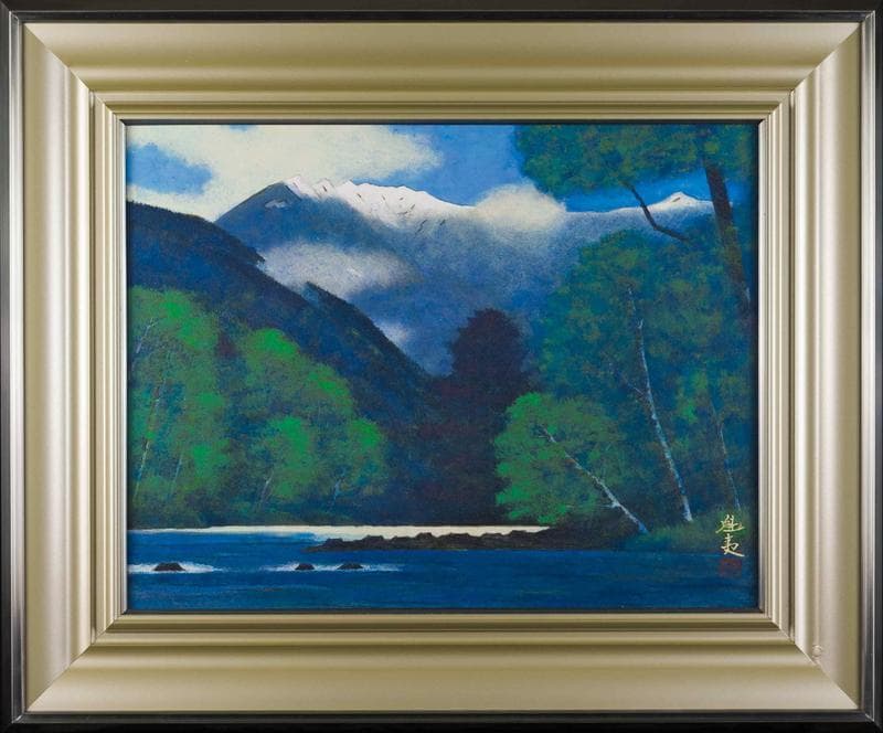 東山魁夷　岩絵具　肉筆『梓川』表サイン(印譜)　鑑定證　P10号　額装　b435