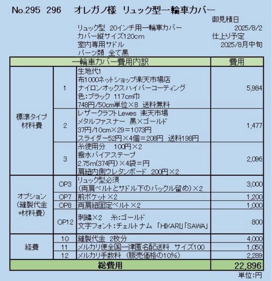 オレガノ様オーダー　一輪車カバーNo.295 No.296