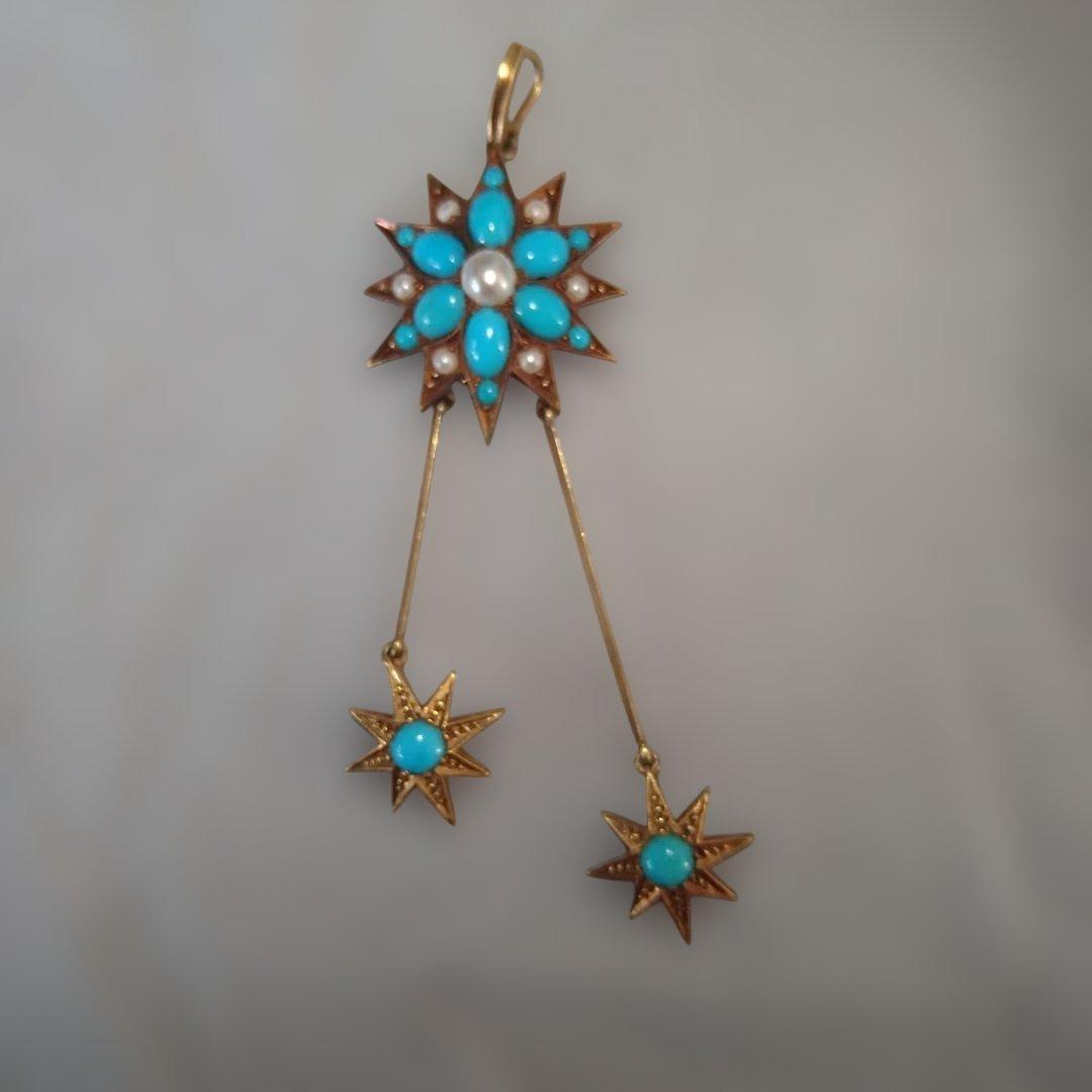 ヴィクトリア朝時代 トルコ石 ターコイズとパールの星形ペンダント