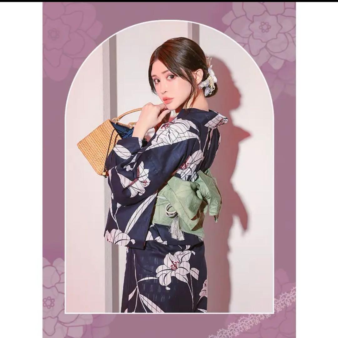 ストライプ紺地×大輪白百合浴衣3点セット 浴衣セット レディース浴衣　Tika