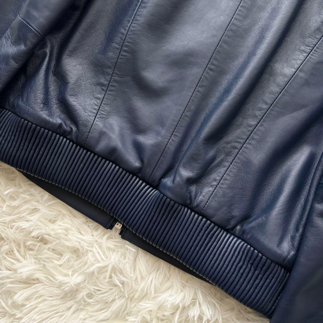 【ランバンオンブルー】レザージャケット アウター フリル ラムレザー 36 紺