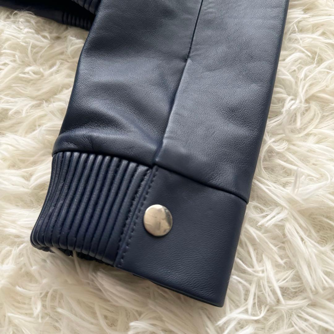 【ランバンオンブルー】レザージャケット アウター フリル ラムレザー 36 紺