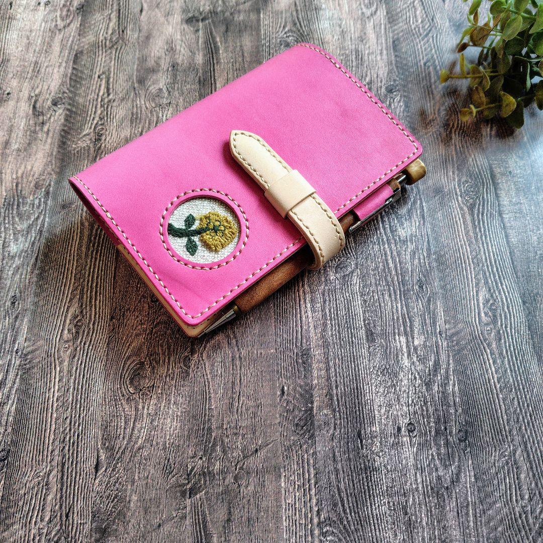 ハンドメイド 本革 システム手帳カバー ミニ6 M6 通帳ポーチ ミナペルホネン