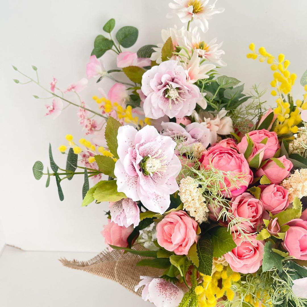 春を束ねた飾る花束ブーケ｜ミモザ・クリスマスローズ・薔薇 光触媒フラワー