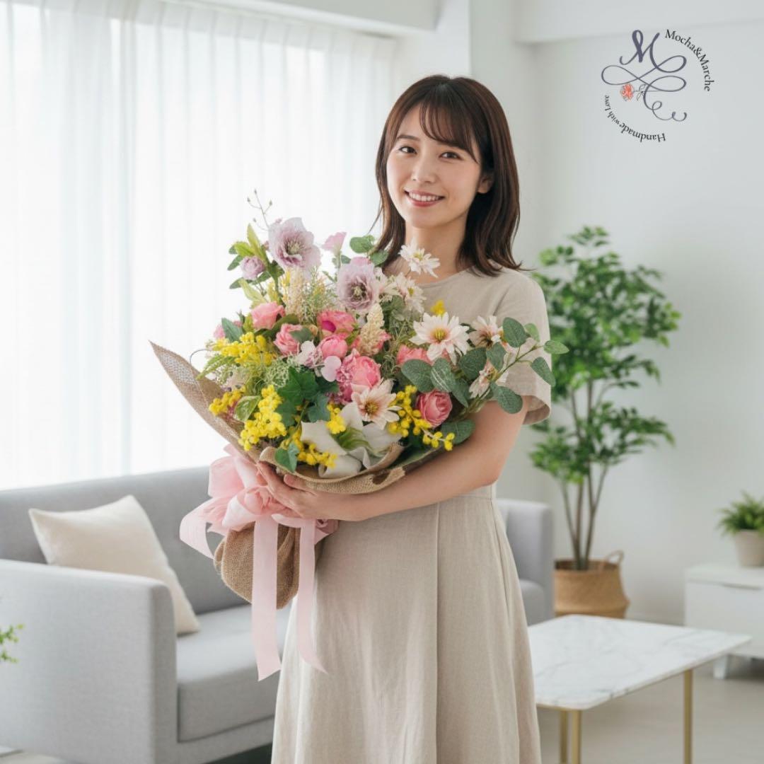 春を束ねた飾る花束ブーケ｜ミモザ・クリスマスローズ・薔薇 光触媒フラワー