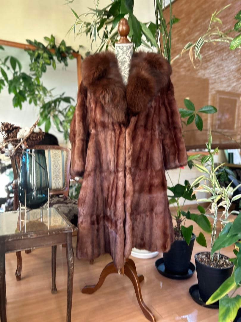 ブラウン ミンク　毛皮 ロングコート ファー襟付き