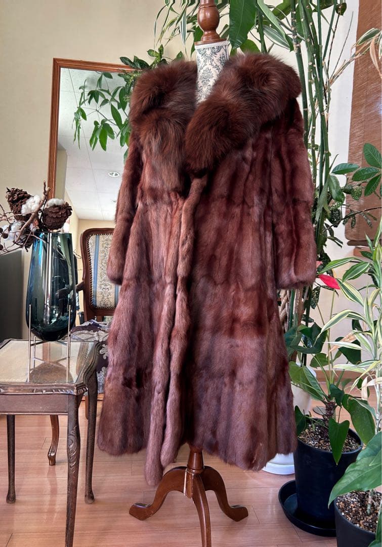 ブラウン ミンク　毛皮 ロングコート ファー襟付き