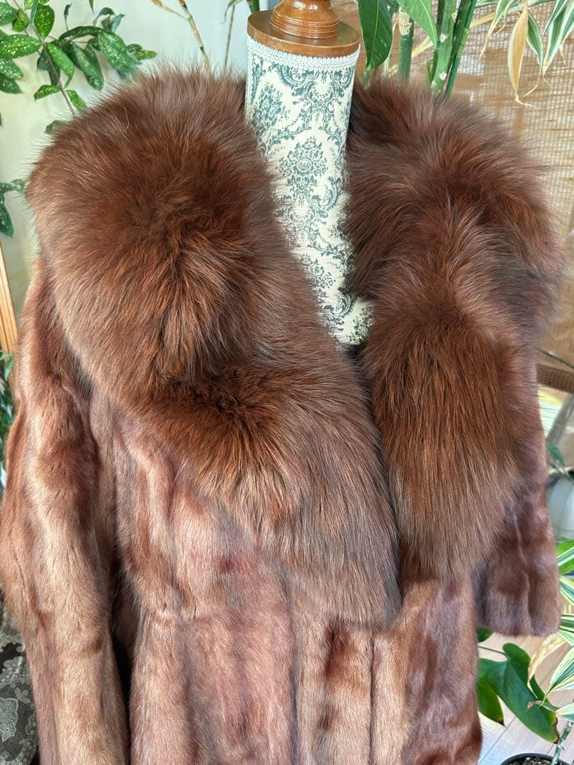 ブラウン ミンク　毛皮 ロングコート ファー襟付き