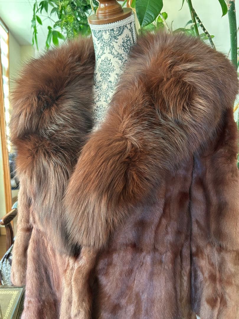 ブラウン ミンク　毛皮 ロングコート ファー襟付き
