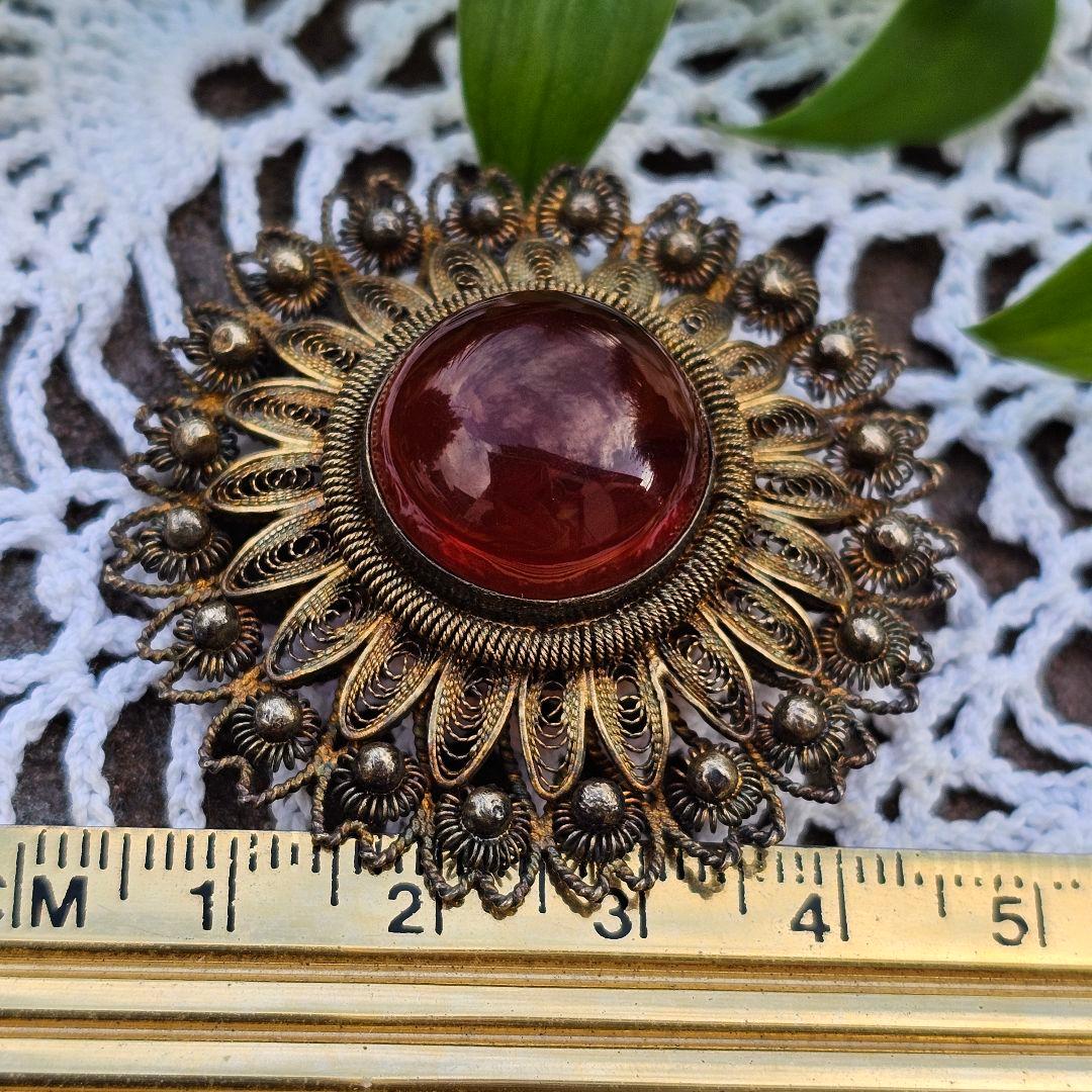 【255】 琥珀　アンバー　銀線細工　ヴィンテージブローチ