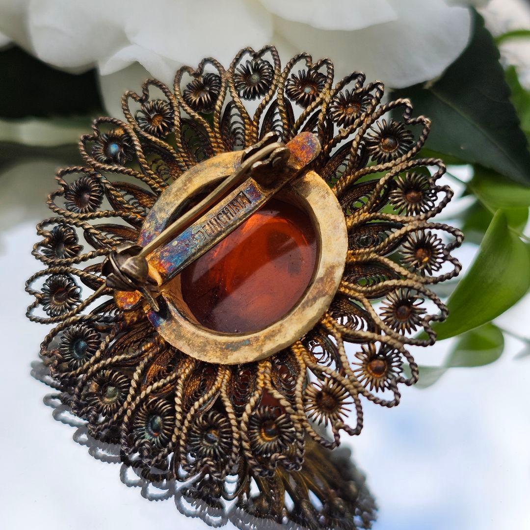 【255】 琥珀　アンバー　銀線細工　ヴィンテージブローチ