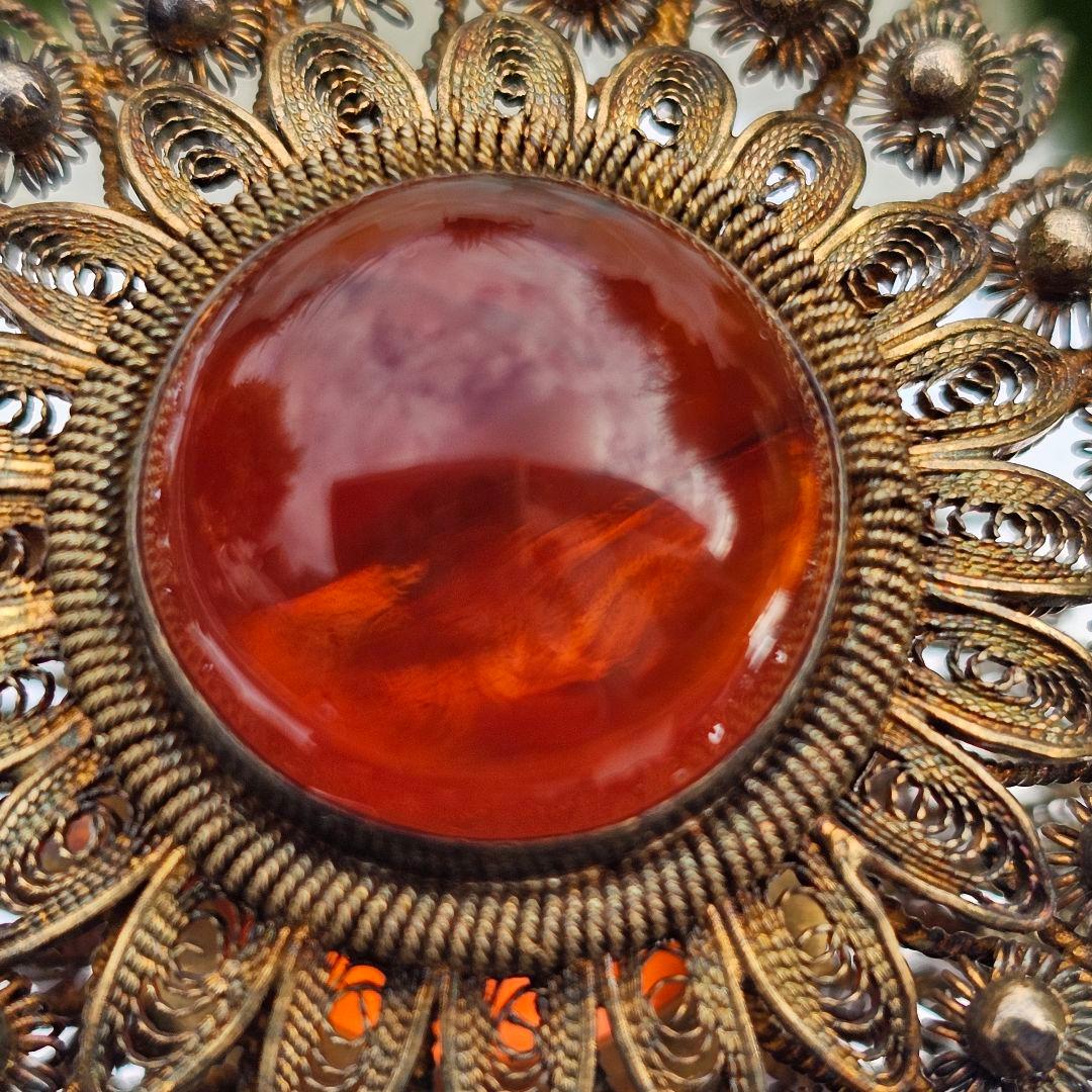 【255】 琥珀　アンバー　銀線細工　ヴィンテージブローチ