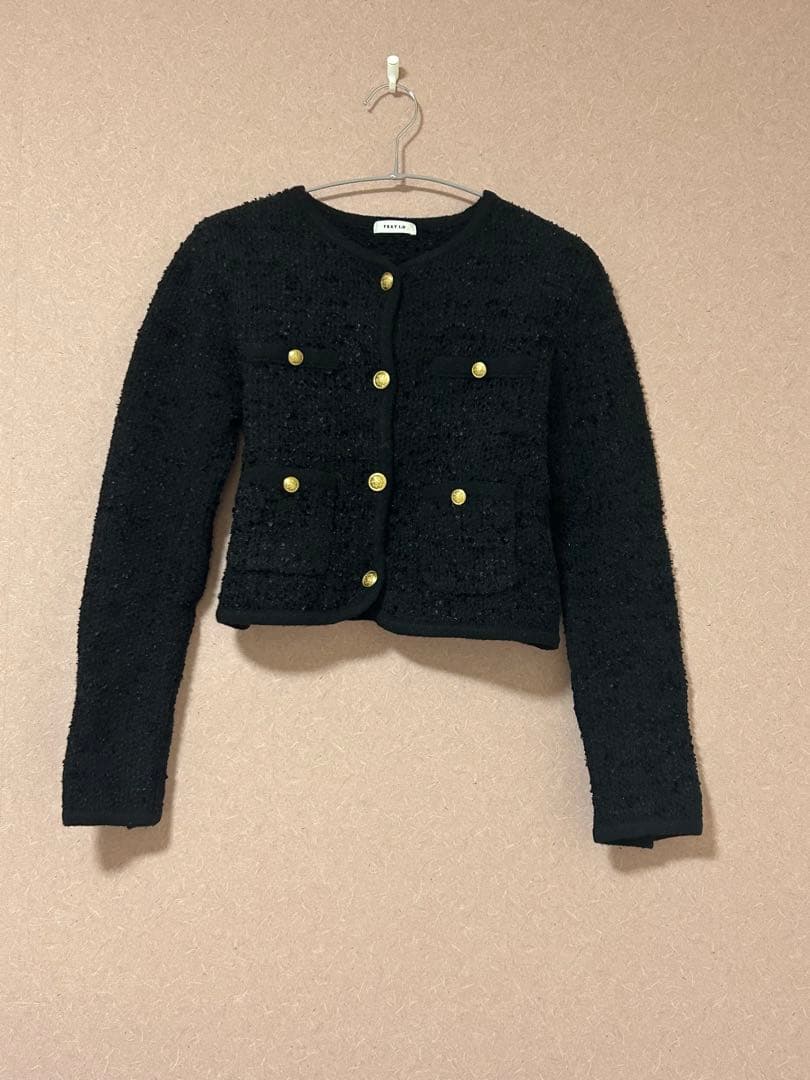 FRAY I.D ミックスツイードニットカーディガン　ノーカラー ブラック 黒