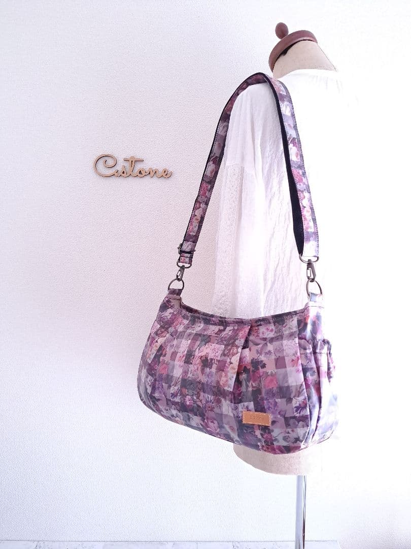 持ち手付　リバティ　ラミネート　アーカイブギンガム　パープル　横長ショルダー