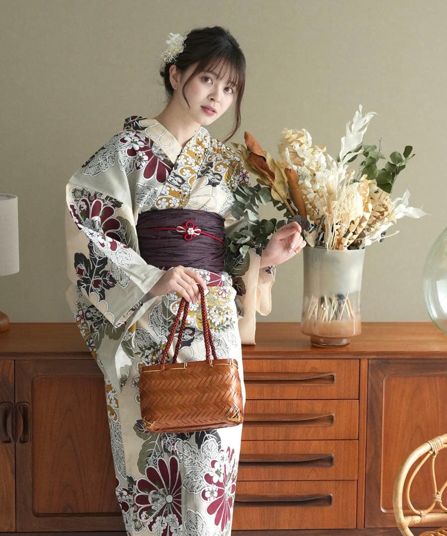 utatane 浴衣3点セット フリーサイズ　ベージュ系