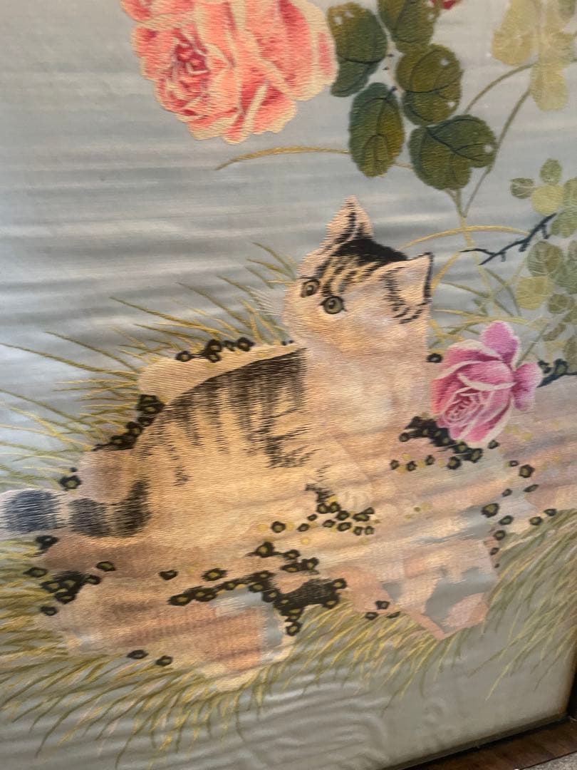 中国美術 蘇州刺繍 壽畫圖 猫と薔薇 蝶図 作者銘入 額装大判シルクアート