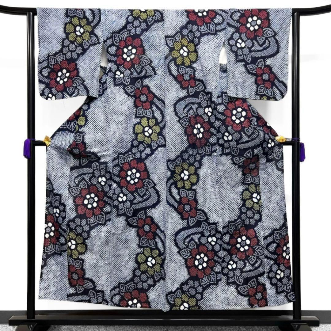 浴衣　有松鳴海絞り　流水　花模様　ネイビー系　着物　043w d