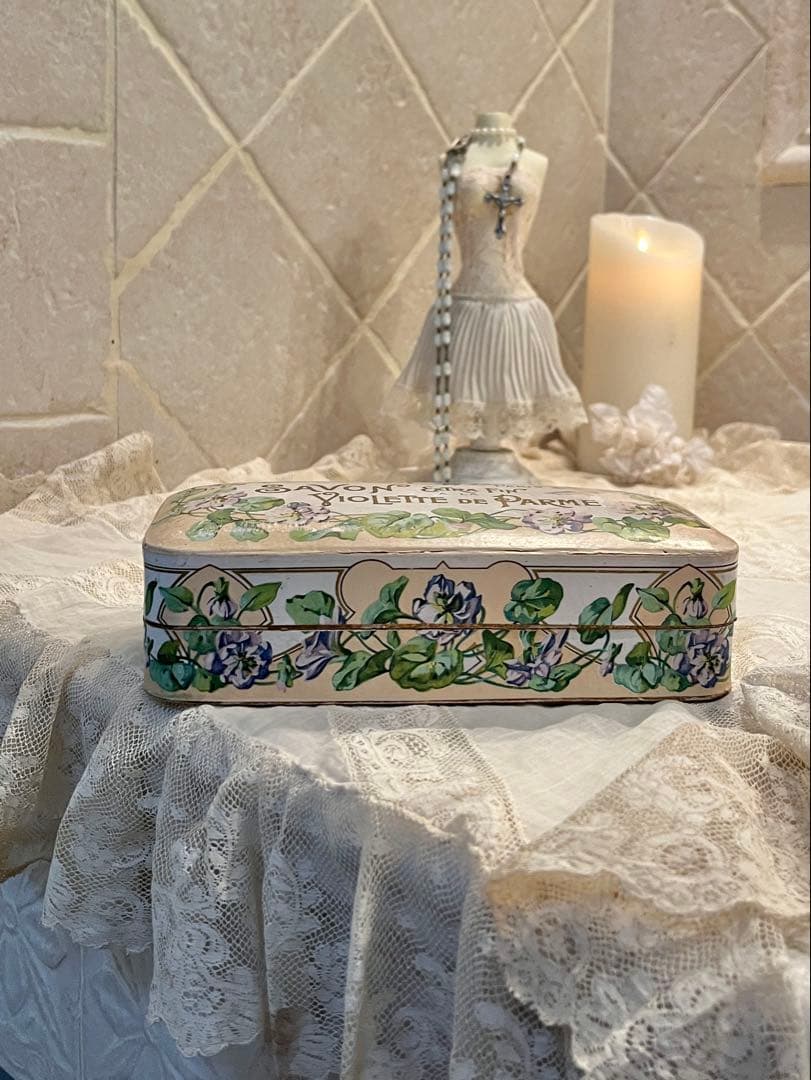 ◆フランスアンティーク｜レア1900年代パリ石鹸箱アールヌーボー紙箱すみれ紫花