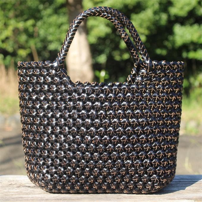 牛革 革編み込み 山葡萄風 六角花 かごバッグ 籠 BAG バッグ