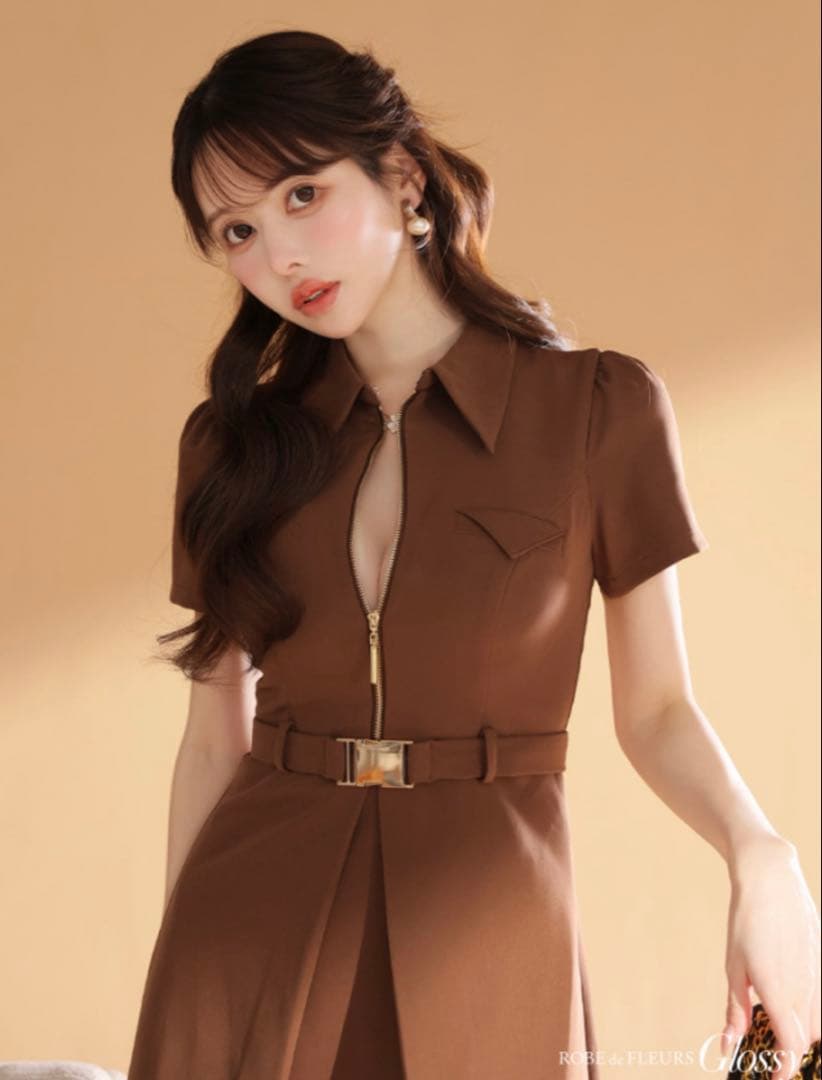 ROBE de FLEURS シャツカラーウエストベルトフレアミニキャバドレス