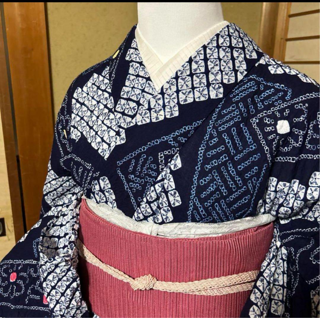 有松鳴海絞り浴衣フルセット4点　美品高級浴衣＋夏正絹帯＋夏正絹帯締め＋夏帯揚げ