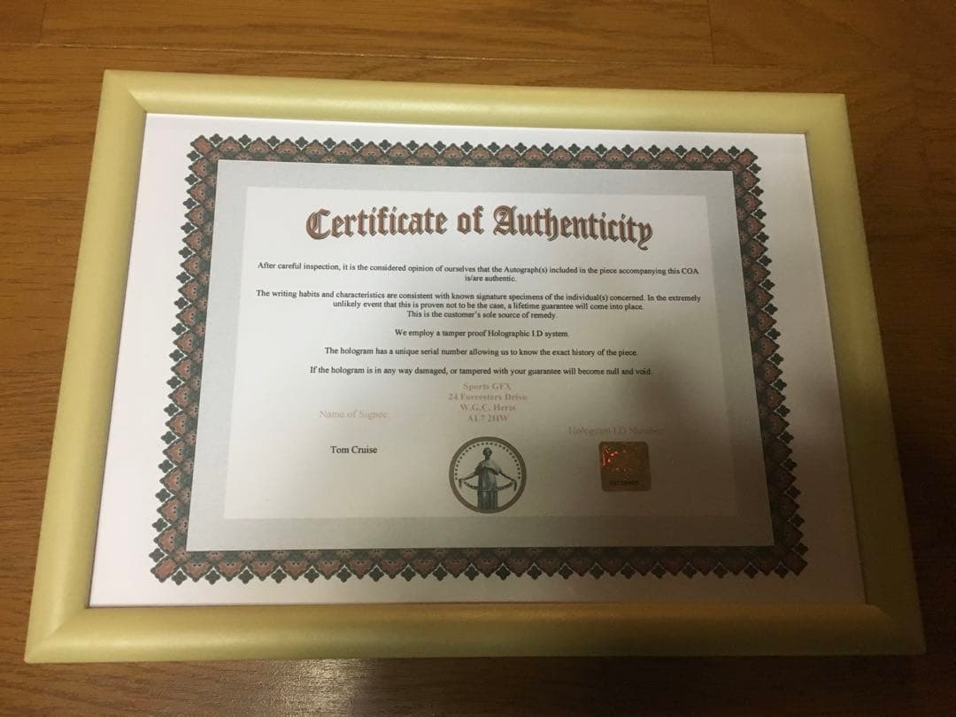 トップガン トム・クルーズ 直筆サイン 認証証明書付き
