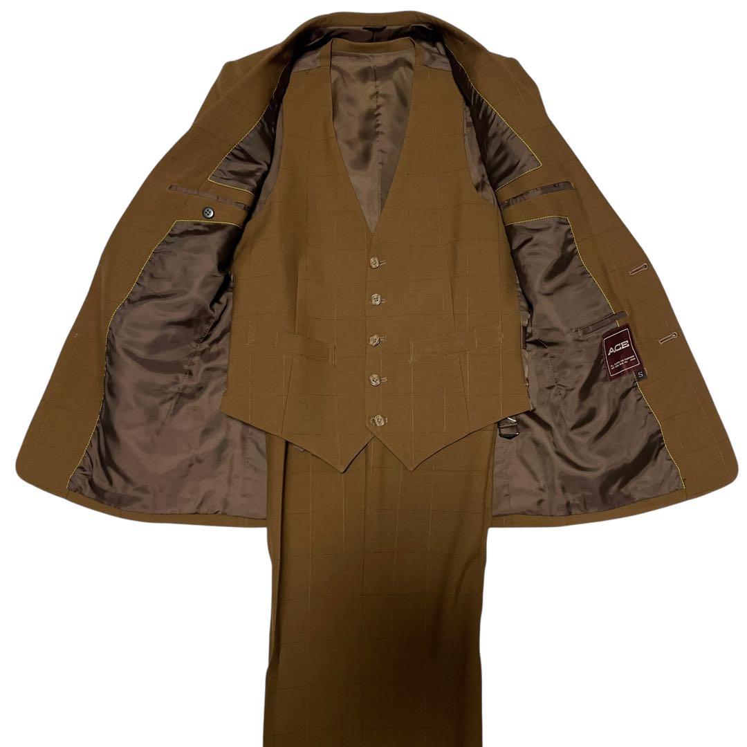 【ACE】スリーピース カジュアルスーツセットアップ チェック ベスト 茶 S